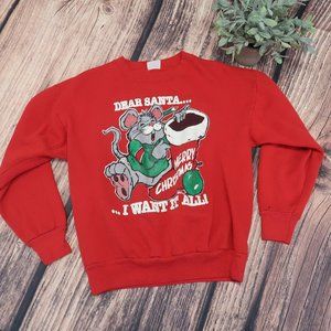 VTG DEAR SANTA I WANT IT ALL CHRISTMAS SWEATSHIRT Small CREW USA MADE MOUSE 80s